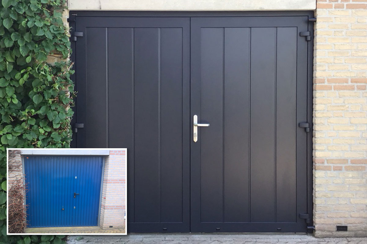 van-dort ongeïsoleerde kanteldeur vervangen door geïsoleerde openslaande garagedeuren