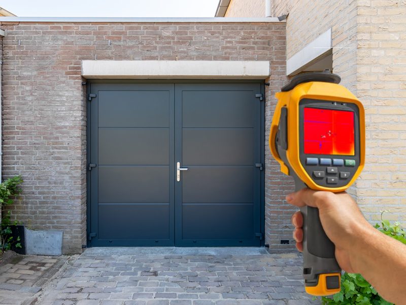 isolatietest met meetapparaat voor isolatiewaarde geïsoleerde garagedeur